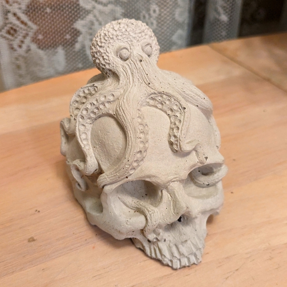 Handmade Cement Octopus on Skull Paperweight